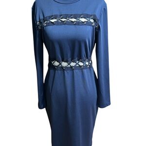 Blue Lace-Up Waist Long Sleeve Dress